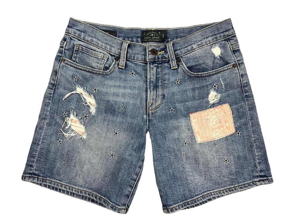 Lucky Brand The Roll-up Star Embroidered Distressed Denim Jean Shorts Size 2